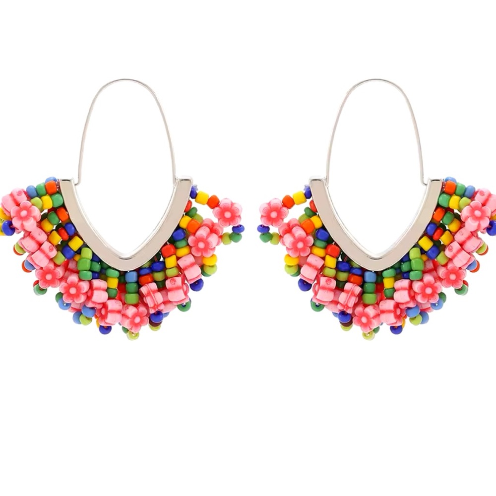 Anthropologie Pink Multi-Bead Floral Hoop Earrings